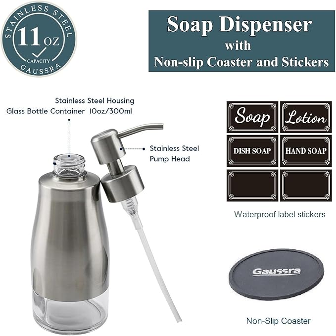 Soap Dispenser with Coaster and Stickers, Brushed Nickel Stainless Steel Case Glass Liner Hand Pump Dispenser, Refillable Liquid Hand Soap Dispenser for Bathroom & Kitchen (11OZ / 320ML)