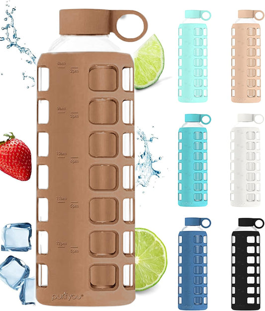 purifyou 40oz / 32oz / 22oz / 12oz Borosilicate Glass Water Bottle with Time & Volume Markers, Silicone Sleeve, Stainless Steel Lid – Reusable Glass Bottle for Water & Juice (40oz Iced Coffee)
