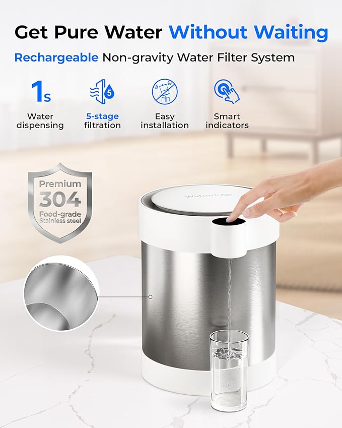 Waterdrop Rechargeable Non-Gravity Water Filter System, 5-Stage Stainless Steel Countertop Filtration, Reduce 70+ Contaminants, Includes Lead, Chlorine and Cadmium, 22-Cup Water System, with 1 Filter
