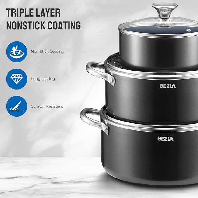 Induction Cookware Set 6-Piece, Stackable Kitchen Cooking Pots Set, 6qt 4.8qt & 2qt Pots with Lids, Dishwasher Safe & Oven Safe, Compatible with All Stoves, Black