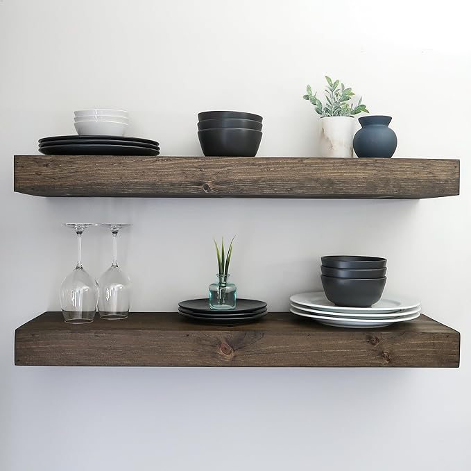Modern Floating Shelves 3 Inches Thick for Wall, Wide Shelves for Kitchen, Living Room, Bedroom, and Bathroom, Natural Pine Wood, Rustic Wooden Shelf, (Set of 2) (Jacobean, 24Lx3Hx6D)