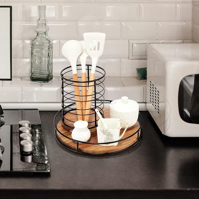 12" Acacia Wood Lazy Susan Turntable, Tomoaza Kitchen Organizer Turntable with Steel Sides, 360 Degree Lazy Susan for Countertop Cabinet or Dining Table(Black)