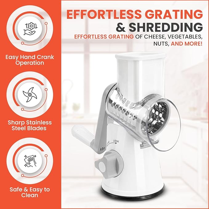 Rotary Cheese Grater Hand Crank with handle - Upgraded strong suction, changeable blades, handheld kitchen aid 3-in-1 Cheese Shredder. Kitchen Rotary Grater Slicer for Fruit, Vegetables, Nuts