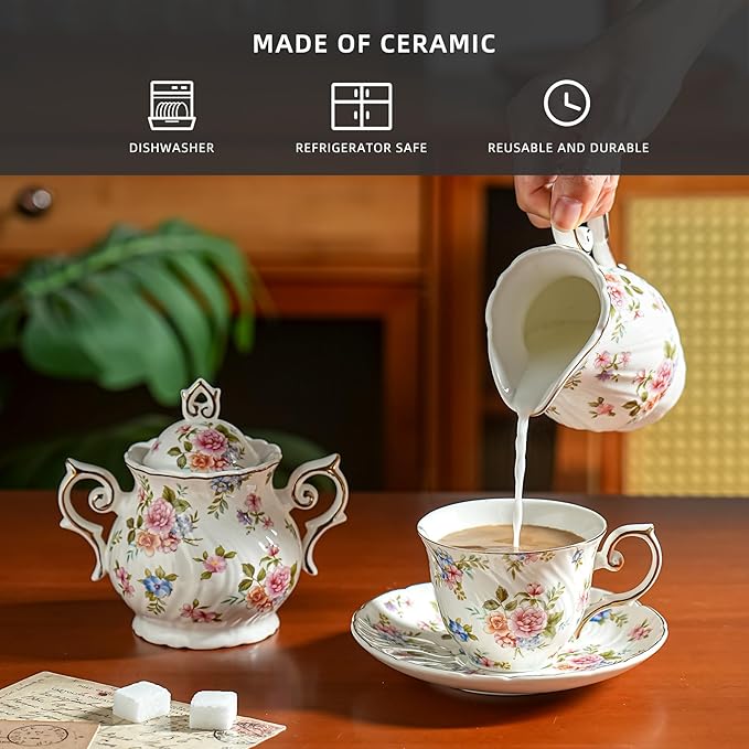 Sugar and Creamer Set Ceramic, Creamer Pitcher and Sugar Bowl with Lid, Creamer Pitcher with Handle,Sugar Cube Dish Coffee or Tea (White with small flowers)