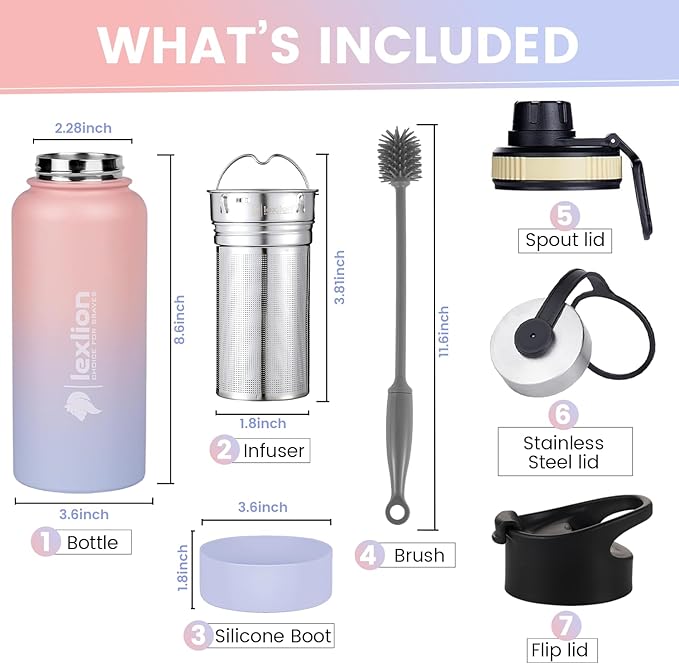 Lexlion Tea Infuser Bottle - Fruit Infuser Water Bottle 32 Oz, Triple Walled Insulated Stainless Steel, Thermal Leaf Infusion, Silicone Sleeve, 3 Lids Leakproof, Metal Mug Gallon