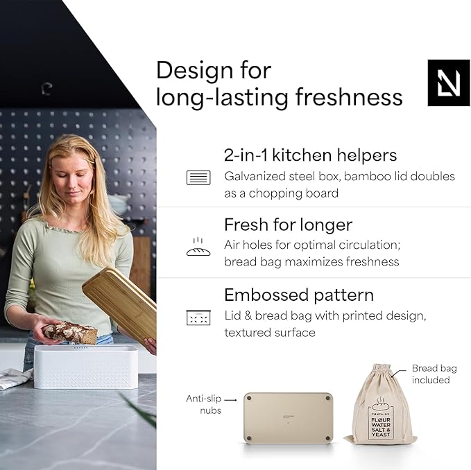 LARS NYSØM Bread Box I Metal Box with linen bag for long lasting freshness I Bread Bin with bamboo lid usable as cutting board I 13.4x7.3x5.3In (Taupe Brown)