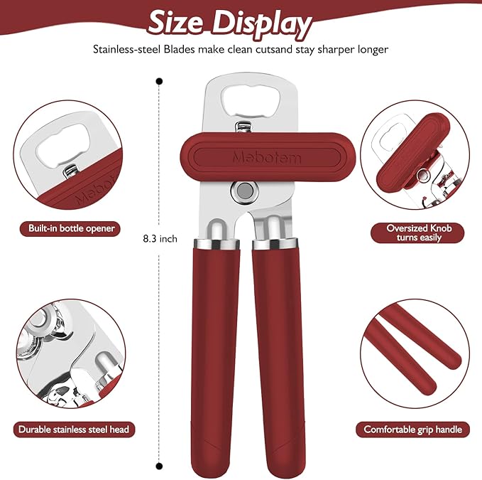 10 Colors Can Opener Manual Handheld Heavy Duty Hand Can Opener Smooth Edge Stainless Steel Can Openers Top Lid Kitchen Gadgets, Best Large Rated Easy Turn Knob, with Bottle Opener, Burgundy
