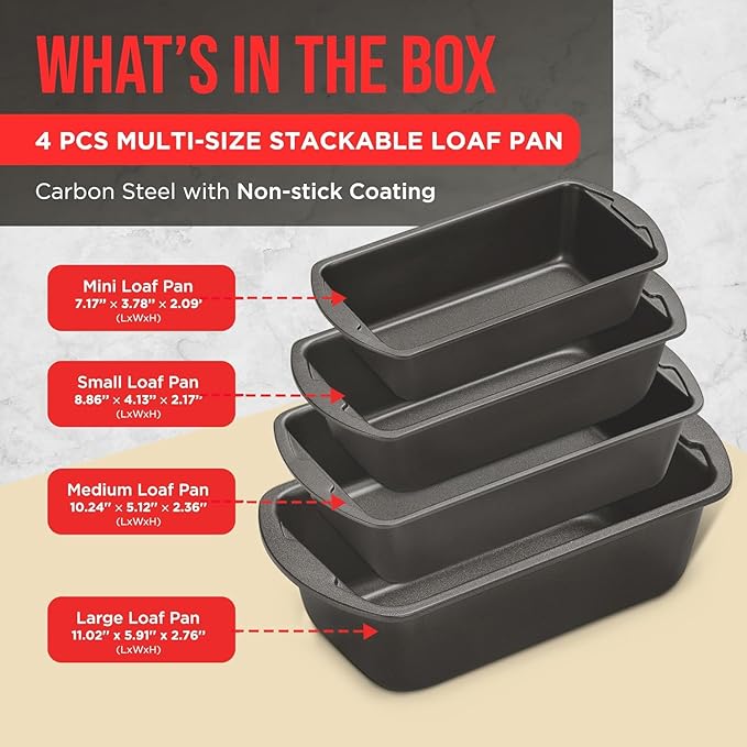 Nonstick Loaf Pan Set Pack of 4, 7" to 11" Large Baking Bread Pan, Oven Safe Up to 450°F, PFOA, PFOS, PTFE Free, Space Saving Stackable Design, Stain Resistant, Dishwasher Friendly, Gray Marble