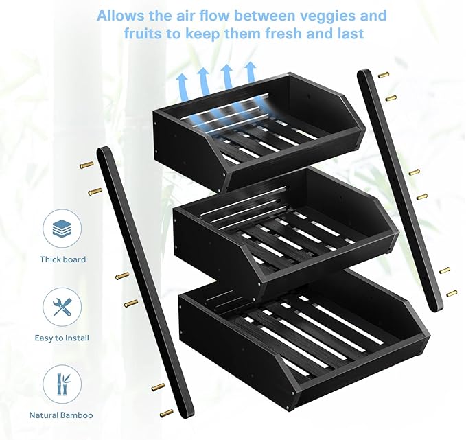 G.a HOMEFAVOR Large Bamboo Fruit Basket, 3 Tier Fruit Bowl for Kitchen Counter, Fruit Holder for Kitchen Countertop, Snack Fruit Vegetable Storage Basket Stand (BLACK)