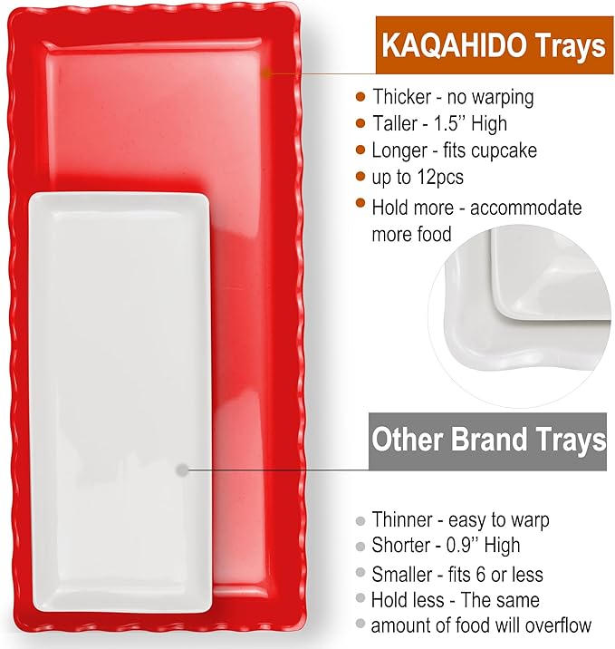 KAQAHIDO 17" x 8" x 1.5" Red Serving Tray Set, Wave Edge Melamine Platters for Cookie, Appetizer, Charcuterie, Snack, Dessert, Party Food Display, Stackable, Set of 2