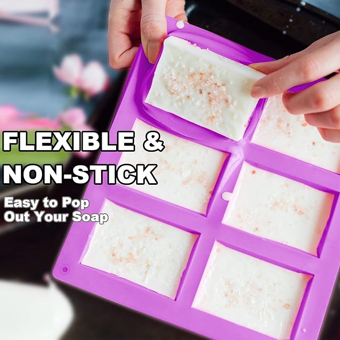 4 Pack Silicone Soap Molds, 6 Cavities Rectangle Silicone Soap Mold, Great for Homemade Craft Soap Bar Mold, DIY Chocolate Molds, Cake Molds & Ice Cube Trays - Just Pop Out (Purple & Pink)