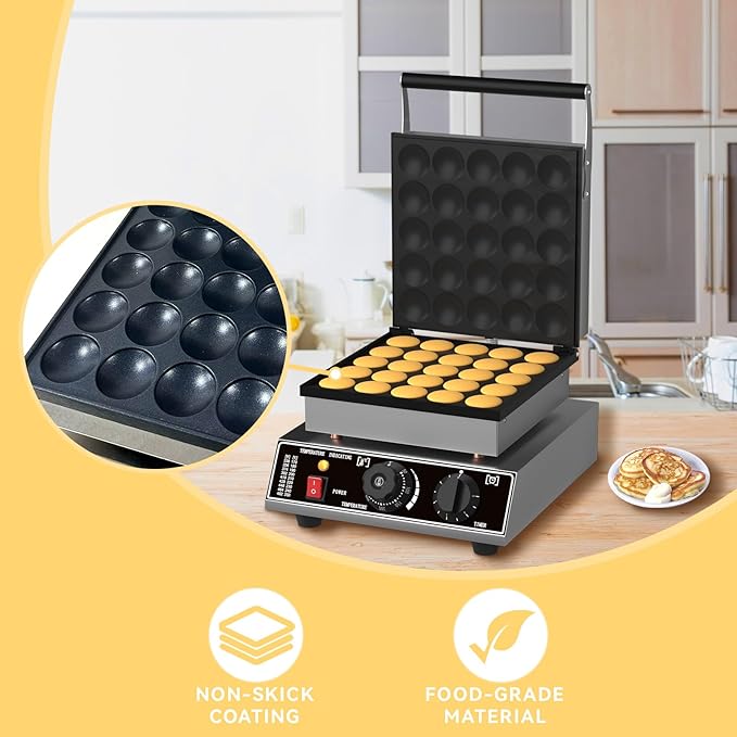 25 PCS Mini Pancake Maker Machine, 1750W Commercial Electric Dutch Pancake Maker, Nonstick Waffle Iron for Home, Restaurants, Food Trucks – Precise Temp & Timer Control