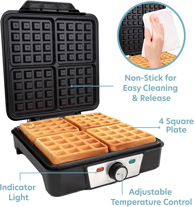 CucinaPro Four Square Belgian Waffle Maker, Extra Large Stainless Steel Kitchen Appliance w Nonstick Waffler Iron Plates Makes 4 Fluffy Waffles, Great Griddle for Family Breakfast or Housewarming Gift