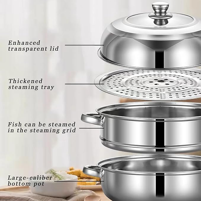 Steamer Pot for Cooking,Stainless Steel Steamer Pot,11 inch Steam Pots with Lid 2-tier for Cooking Veggies Fish Seafood Noodles, Pasta, Food