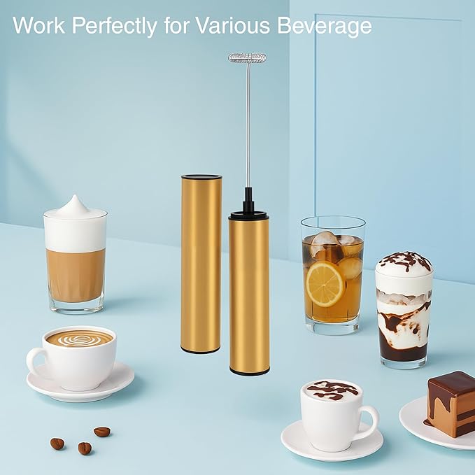 Rechargeable Electric Milk Frother Handheld,2-Speed Travel Frother with Tube Case, Milk Foamer Coffee Frother for Latte, Cappuccino, Drink Mixer with 2 Stainless Whisks and Charger Golden