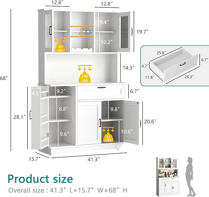 Vongrasig Tall Pantry Cabinet, Kitchen Pantry Storage Cabinet with Microwave Stand,Farmhouse Kitchen Hutch with Adjustable Shelves for Living Room, Dining Room, White