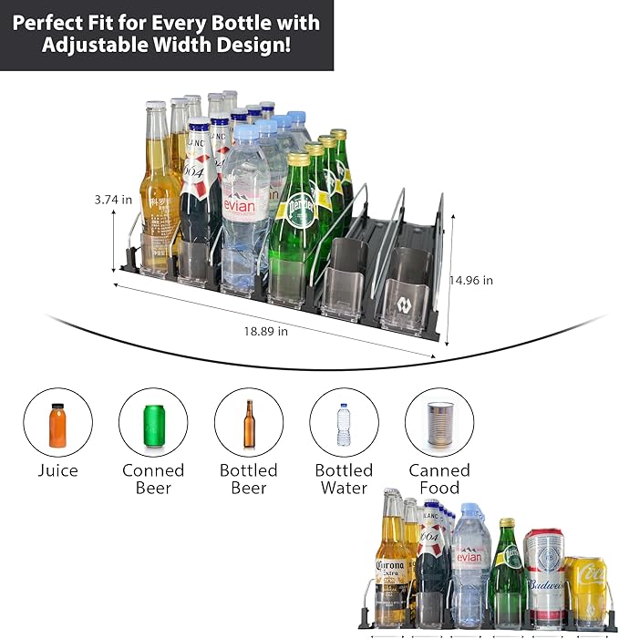 Upgraded Drink Organizer for Fridge – Adjustable Width Soda Can Organizer with Automatic Glide, Space-Saving Refrigerator Can Dispenser Holds Up to 30 Cans – Drink Holder for Fridge (6 Rows, Black)