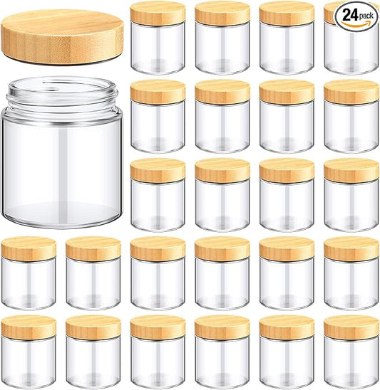 Norme 24 Pcs 8 oz Glass Jars with Lids Empty Small Glass Containers and Inner Liners Reusable Cosmetic Jars Round Airtight Bottles with Plastic Woodgrain Lids for Travel