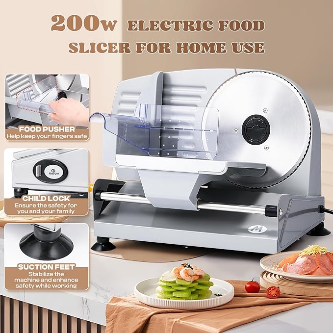 Moongiantgo Meat Slicer 200W With 2 Removable 7.5’’ Stainless Steel Blades, Deli Food Slicer 0-15MM Thickness Adjustable, Child Lock Protection, Meat Fruit Cheese Bread Slicer Machine, 110V