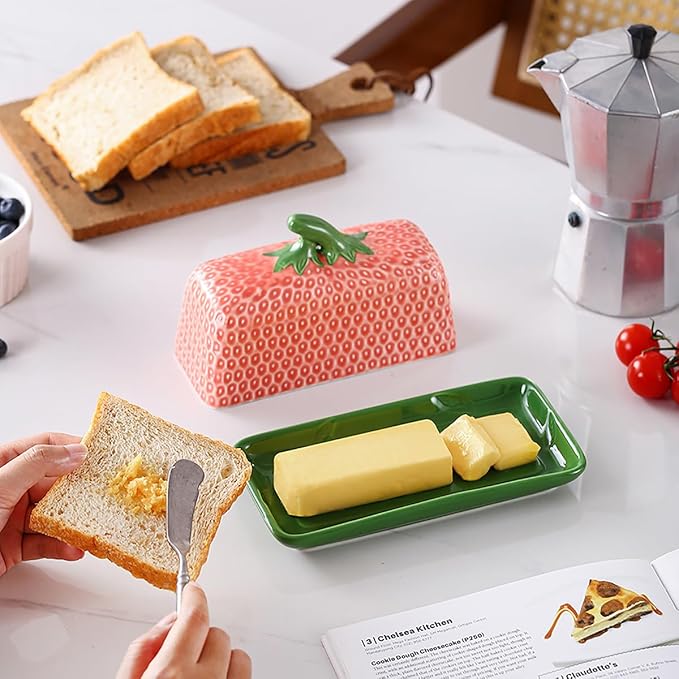 Ceramic Strawberry Butter Dish with Lid for Countertop, Kitchen Butter Keeper, Serving Tray with Cover, Butter Storage Container, Butter Holder, Holds 1 Stick (Pink, Large)