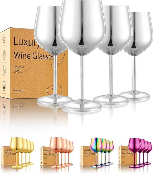Stainless Steel Wine Glasses Set of 4 Unbreakable Wine Glass 18 oz Unique Metal Wine Goblets for Outdoor, Travel, Camping, Pool, Ideal Gift for Wine Lovers (Mirror-Silver)