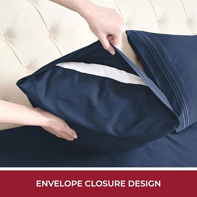 Mellanni RV Short Queen Sheets - 4 PC Iconic Collection Bedding - Hotel Luxury, Extra Soft, Cooling Bed Sheets - Deep Pocket up to 10 inch (RV/Short Queen, Navy Blue)