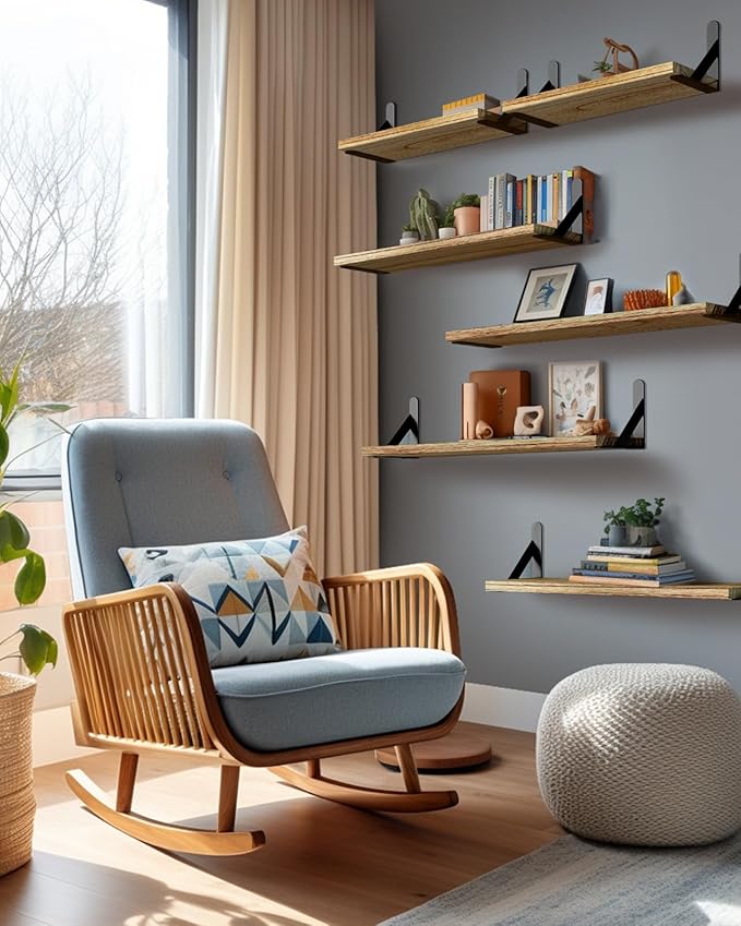 AMADA HOMEFURNISHING Long Wall Shelves, Rustic Farmhouse Style, Wood Floating Shelves for Wall Decor, Bathroom & Bedroom Storage, Living Room Book Shelves, 6pcs