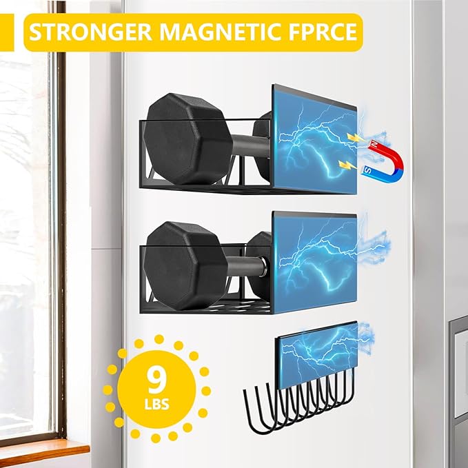 Magnetic Spice Rack Organizer for Fridge Seasoning Organizer for Kitchen storage with Screw or Adhesive Hanging,Magnetic Shelf with Hook for Refrigerator and Oven (Black, 5pack&12pcs)