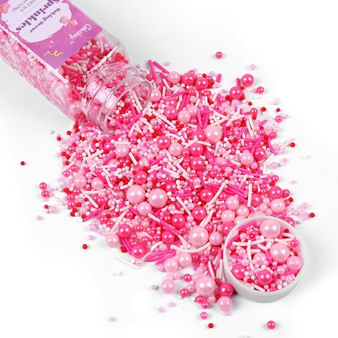 Pink Sprinkles for Cake Decorating 4.23ounce - Pearl Sprinkles for Baking, Cupcake, Ice Cream, Candy, Cookie Decorations - Pink Sprinkles for Valentines Princess Bridal Shower Wedding Party