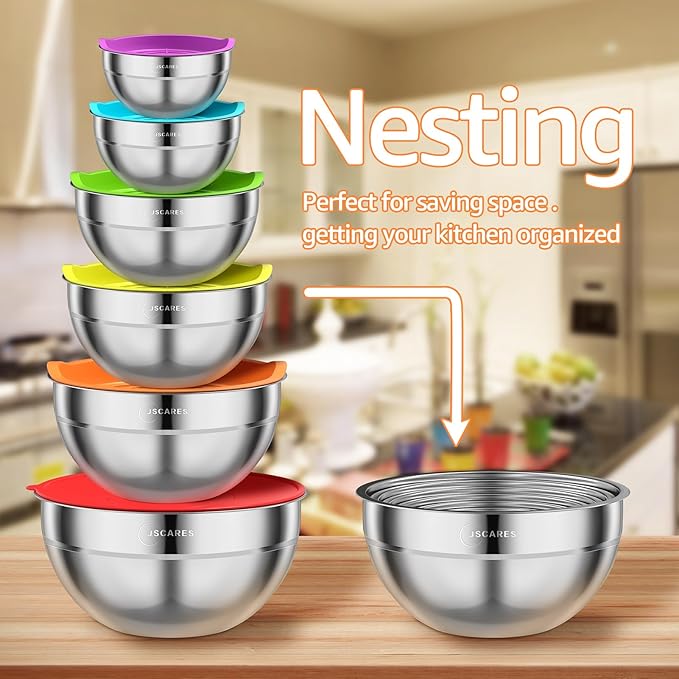 Mixing Bowls with Colorful Airtight Lids, 6 Piece Stainless Steel Metal Bowls with 3 Grater Attachments, Size 4.5, 3.5, 2.1, 1.5, 1.1, 0.7 QT