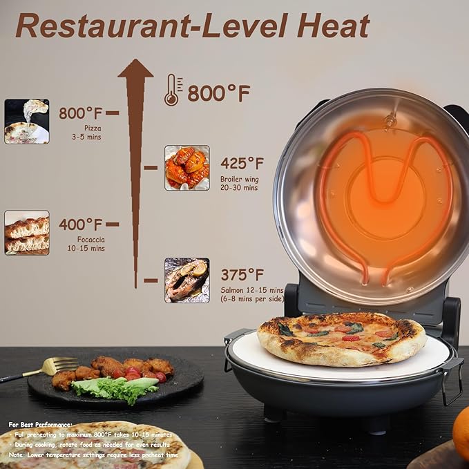 12" Electric Pizza Oven - Countertop Pizza Maker with Ceramic Stone, Heats up to 800°F, Portable Indoor Pizza Oven for Homemade Pizzas, Grey