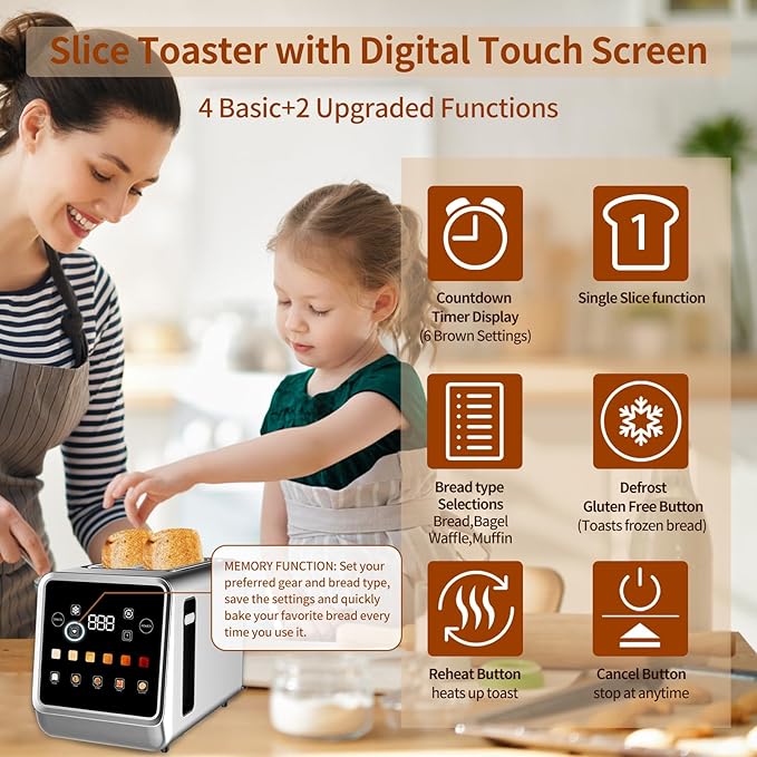 Toaster Touch Screen Toaster 2 Slice with LCD Display Stainless Steel Digital Timer Toasters 6 Bread Types& 6 Shade Settings Smart Extra Wide Slots Tostadora With Bagel Cancel,Defrost Functions