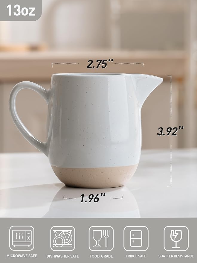 famiware Milkyway 13oz Creamer with Handle, Ceramic Coffee/Milk/Sauce/Serving/Salad Pitcher Jug, Stoneware Maple/Syrup Dispenser, Milk Frother Cup, Microwave and Dishwasher Safe, Light Gray