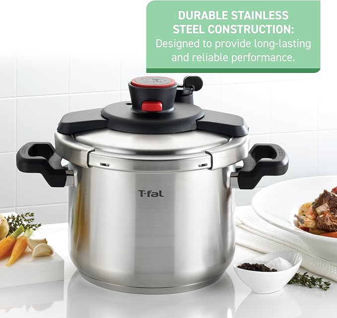 T-fal Clipso Stainless Steel Pressure Cooker 6.3 Quart, Induction, Secure locking System, One Hand System, Recipe Book Included, Cookware, Pots and Pans, Kitchen, Dishwasher Safe, Silver