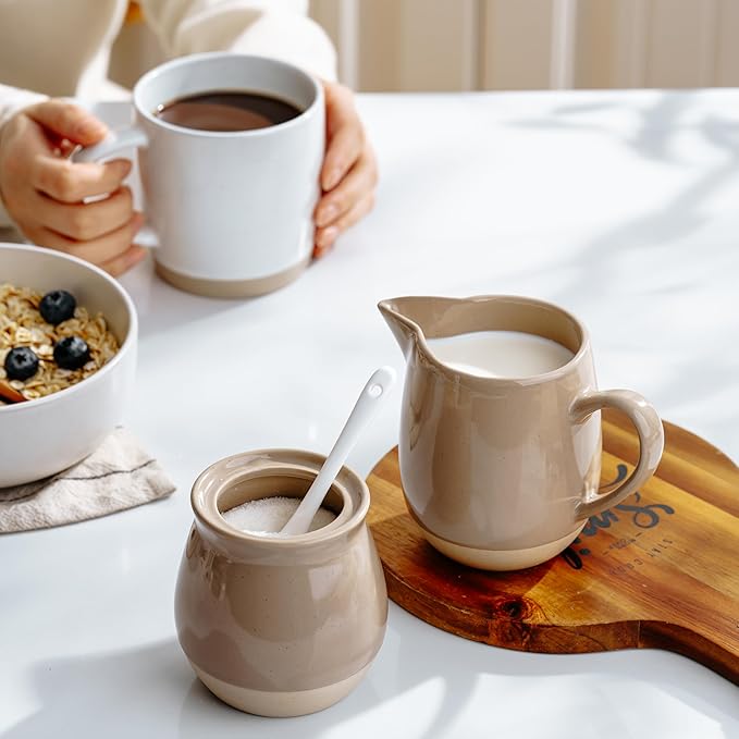famiware Milkyway Ceramic Sugar and Creamer Set, 10oz Sugar Bowl & 13oz Creamer Set – Stoneware Milk Pitcher & Sugar Dispenser for Coffee Bar, Kitchen, Countertop, Coffee Serving Set, Cinnamon Brown