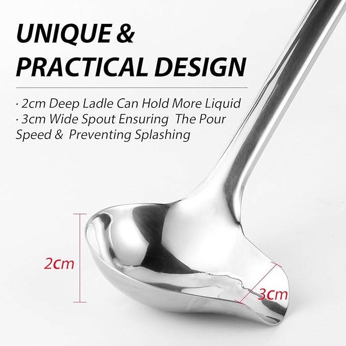 Gravy Ladle, 1 oz Small Ladles for Serving Sauce, Stainless Steel Sauce Ladle with Pouring Spout, 13.4 inch Drizzle Spoon for Gravies and Dressings, Durable Construction, Silver, KLB-ASB-123