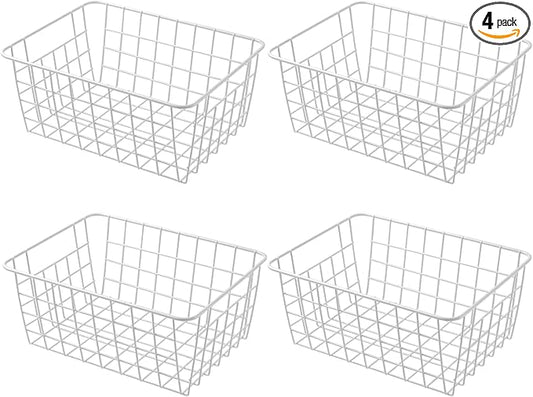 11" Upright Freezer Storage Baskets, White Wire Storage Bins Small Bakset for Freezer, Pantry, Bathroom Organizing, Set of 4
