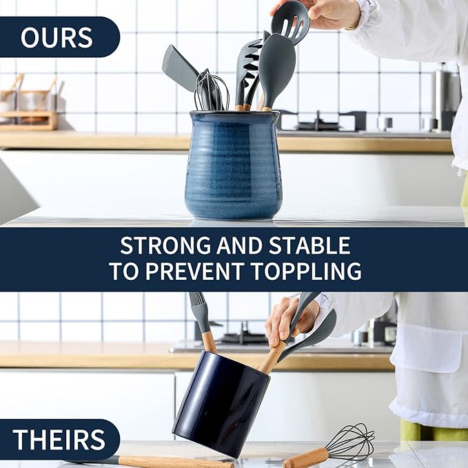 Hasense Large Utensil Holder Crock for Kitchen Counter, 7.1" Ceramic Cooking Utensil Organizer for Countertop, Farmhouse Vintage Utensil Caddy for Spatula Spoon, Rustic Home Table Decor, Blue