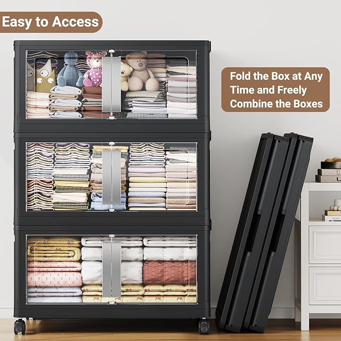 160QT Stackable Storage Bins with Lids, 40Gal Extra Large Collapsible Storage Box with Wheel, Plastic Storages with Clear Door Open Front for Home Bedroom Garage, Black-1pack