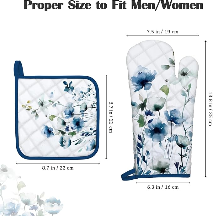 Blue Watercolor Flower Oven Mitts and Pot Holders Sets 100% Cotton Heat Resistant, Extra Long Oven Gloves Potholder for Kitchen Cooking Baking Housewarming