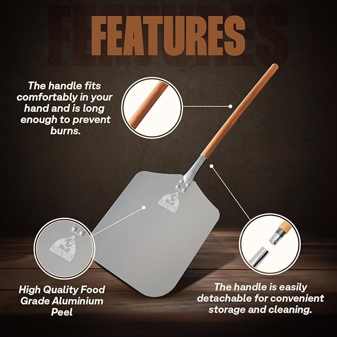 Pizza Peel 12" x 14", Pizza Paddle, 35.5" Long Aluminum Metal Pizza Peel with Detachable 21" long Wooden Handle, Pizza Turning Spatula, Pizza Shovel