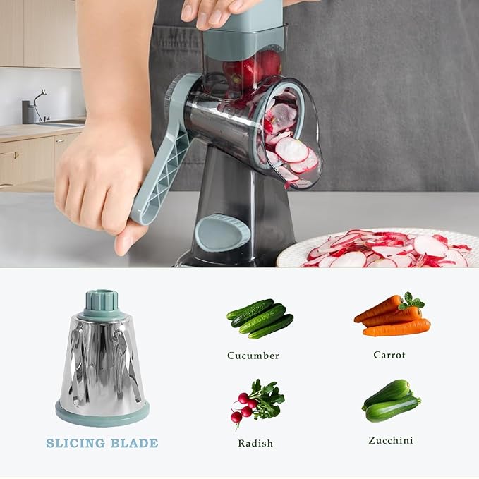 Rotary Cheese Grater, FOVXYVO Cheese Shredder with Strong Suction Base,Cheese Grater with Hand Crank for Kitchen for Cheese,Vegetables,Nuts,Chocolate,3 Changeable Blades