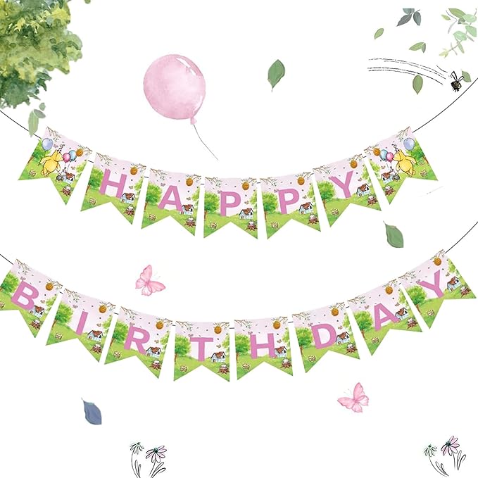 Winnie Birthday Party Banners Classic Pooh Happy Birthday Decoration Banners Signs for Kids Girls 1st Baby Shower Decorations Winnie Birthday Party Supplies