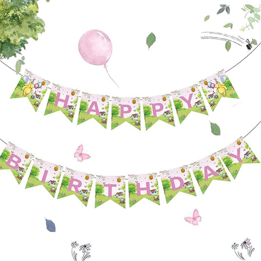 Winnie Birthday Party Banners Classic Pooh Happy Birthday Decoration Banners Signs for Kids Girls 1st Baby Shower Decorations Winnie Birthday Party Supplies
