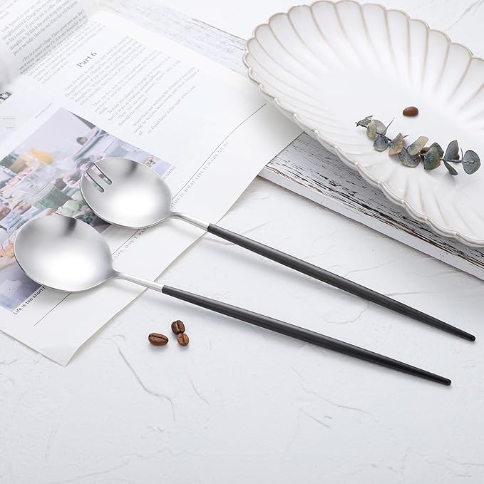 Salad Servers,Spoon and Fork Set 11.41 inch,18/10 Stainless Steel Salad Serving Titanium Plating (black silver)