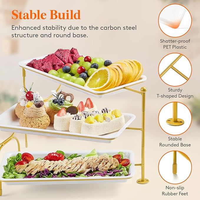 Lifewit 3 Tiered Tray Stand for Party Entertaining, 12"×6.5" Serving Platters and Trays, Reusable Plastic Trays with Stable Gold Mental Stand for Veggie, Fruit, Cookies, Dessert