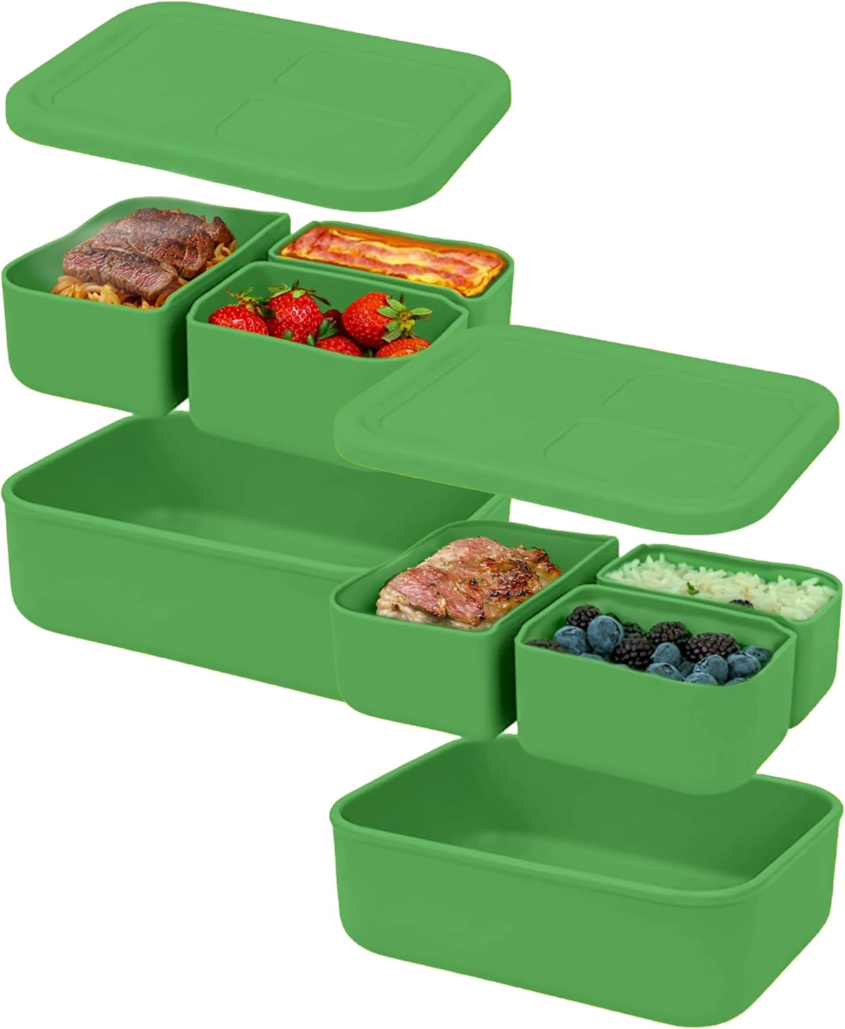 Platinum Silicone Bento Lunch Box Set of 2 – 3 Compartments, Leakproof, Versatile, Durable, Microwave & Freezer Safe, Meal Prep Container, Food Storage for All Ages (Watermelon Green)