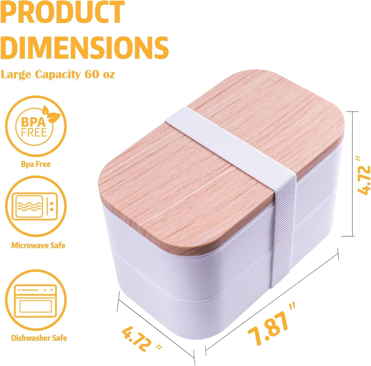 Stackable Bento Box with Utensils Microwave Safe, All-in-One Meal Prep Compartment Lunch Containers Leak Resistant Lunch Box with Sauce Container 60oz White(without bag)