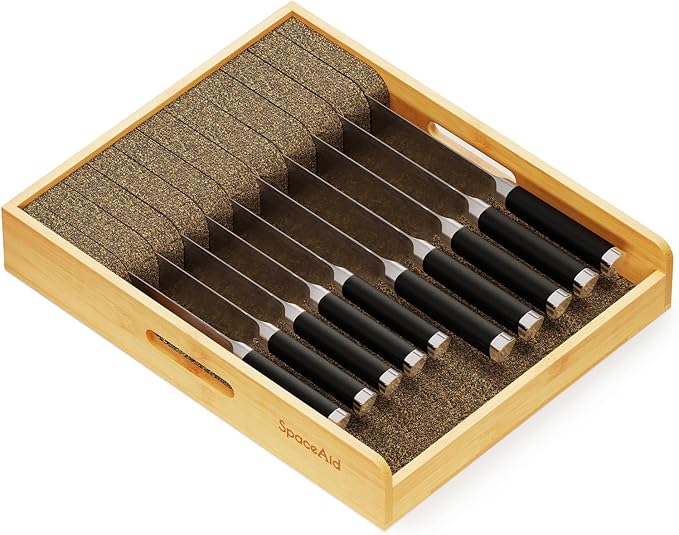 SpaceAid Large Knife Drawer Organizer Bamboo Insert Dock, Kitchen Steak Knives Holder Organizers Block for Drawer in Storage Organization (Large)