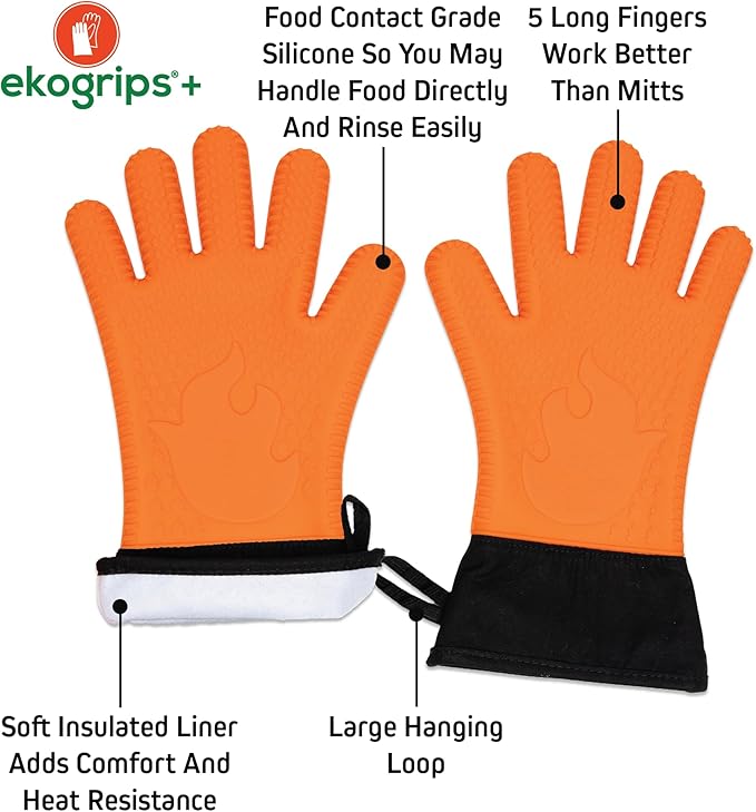 Ekogrips Plus Oven Gloves with Fingers, Comfy Waterproof Silicone Oven Mitts Heat Resistant with Long Cuff, Insulated BBQ Gloves Perfect for Grilling, Baking, Smoker, Canning, and Pizza, Orange, OSFM